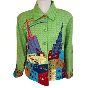 Pushpa Lime Green Textured Cotton Jacket with Cityscape Embroidery M